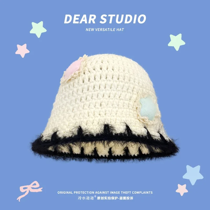 

Japanese Plush Splicing Hand Crocheted Star Decoration Knitted Bucket Hat Women's Autumn and Winter Outdoor Thermal Basin Cap