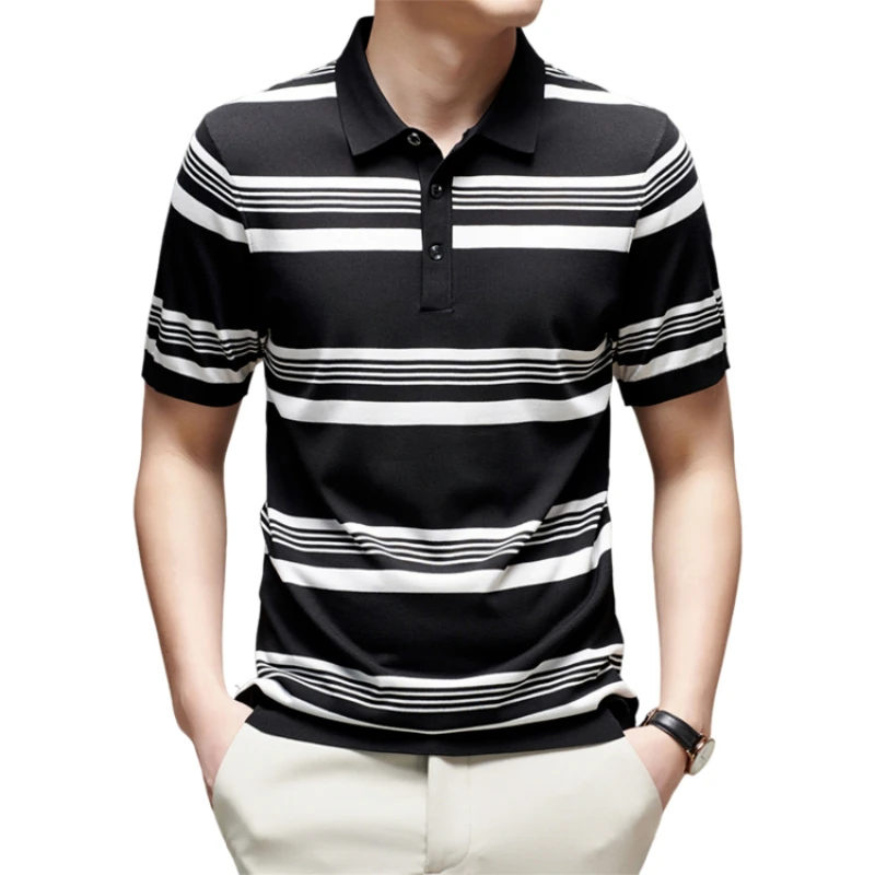 Men's Short-sleeved Striped Polo Shirt, Suitable for Daily Work Attire in The Summer. A Business Casual Knit Sweater for Men.