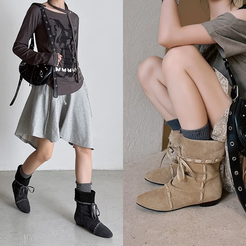 2026 new autumn winter women ankle boots natural leather22-24.5cm cow suede pointed toe low heel short boots fashion bowknot