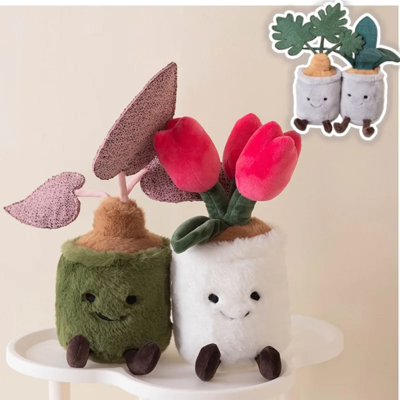 Creativo Tulipano Fiori Pianta in vaso Peluche Farcito Verde Monstera Deliciosa Foglia di verdure Taro Prain Peluche Bambola Decorazioni per la casa