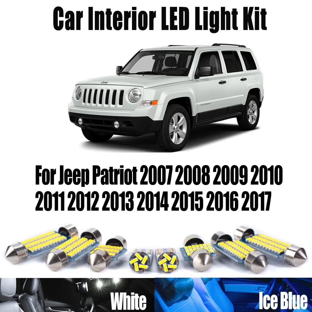 8Pcs Canbus LED Interior Ceiling Light Kit For Jeep Patriot 2007-2010 2011 2012 2013 2014 2015 2016 2017 Car Number Plate Bulbs