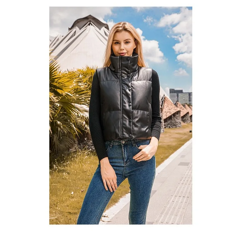PU Leather Cotton Vest Single Breasted Solid Color Cardigan Stand Collar Cotton Hooded Vest