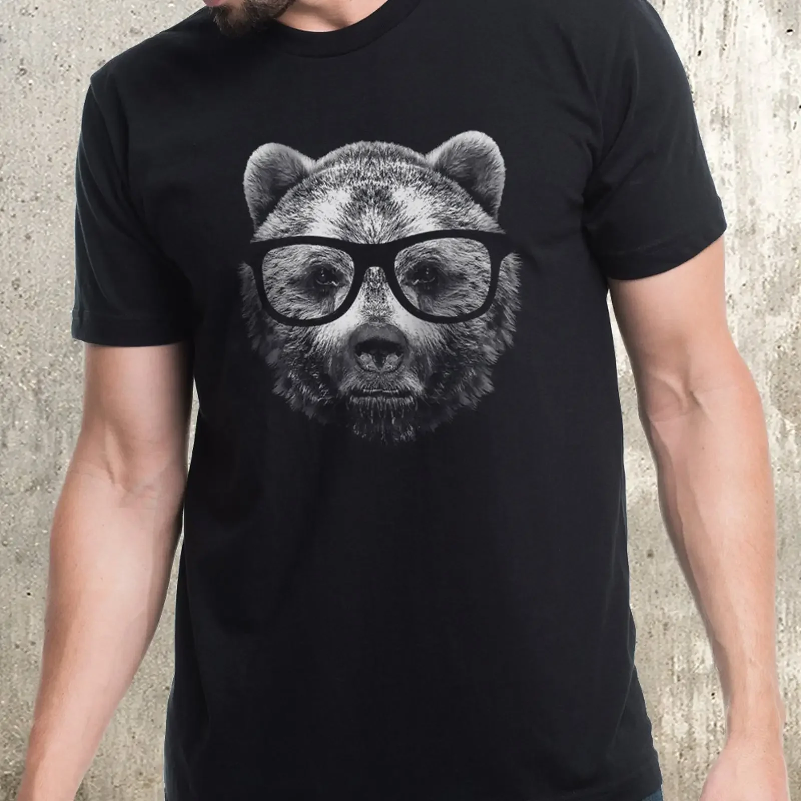 Men's T Shirt Wise Bear with Glasses Black  Funny Screen Graduation  vintage Washed designer clothes Soft Casual fashion