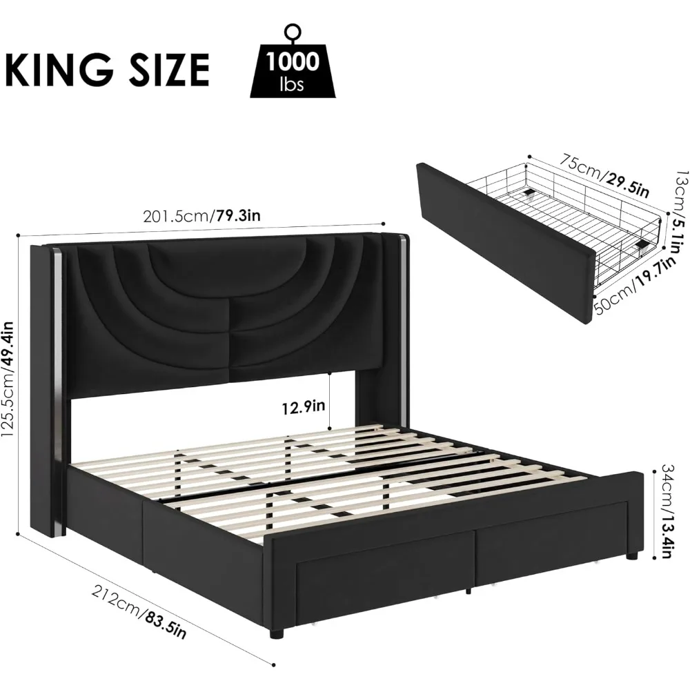 King Upholstered LED Bed Frame with 2 Storage Drawers, Velvet Platform Beds with Wingback Headboard, Bed Frame