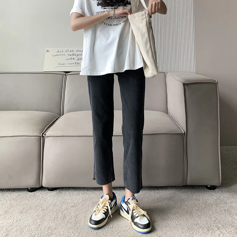 High Waist Loose Fit Straight Leg Denim Jeans Women's Nine Point Slimming High Lengthening Elastic Bell Bottoms Trendy Tube P...