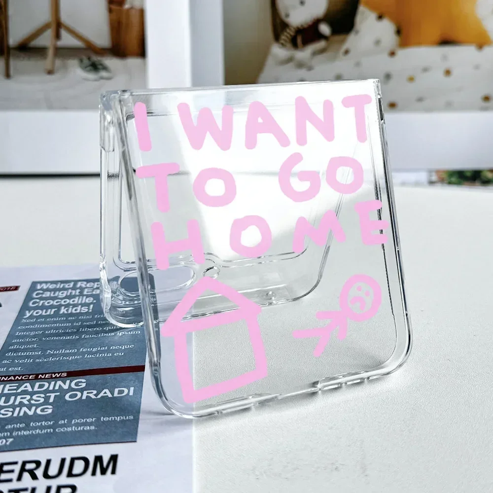 Plain I WANT TO GO HOME Words Pattern Transparent Case for Samsung Galaxy Z Flip 5 6 5G Clear Cover Flip3 Flip7 4 INS Fundas Bag