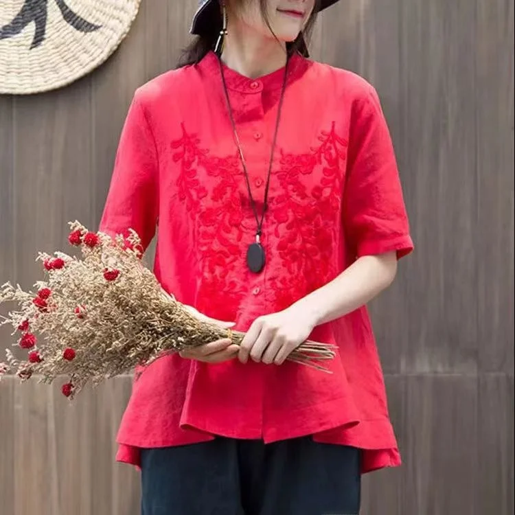 

Свободный женский свободный топ из чистого хлопка с вышивкой ort Sve irt и воротником-стойкой, художественный женский свободный крой, повседневный топ из льняной ткани