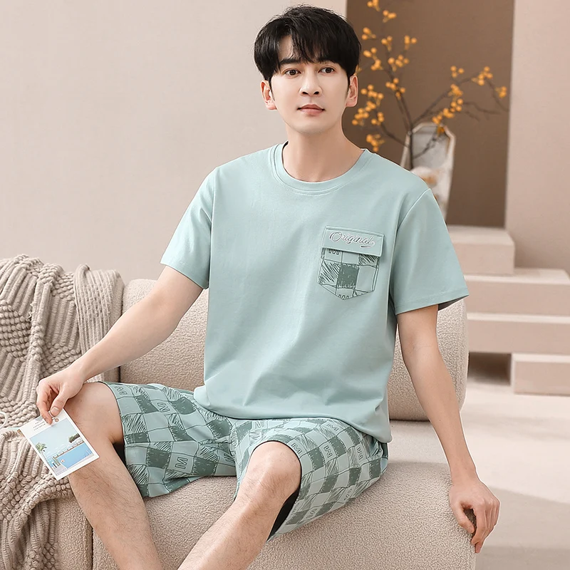 Summer Cotton Men Homewear Clothes Short Sleeve Round Neck Pajamas Set Casual Soft Loose L-3XL Mens Nightly Sleepwear