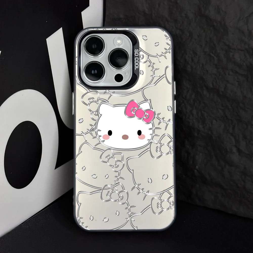 

Cute Cartoon H-Hello Kittys Phone Case IMD Color Silver Shell For IPhone 16 15 14 13 12 Pro Max Plus