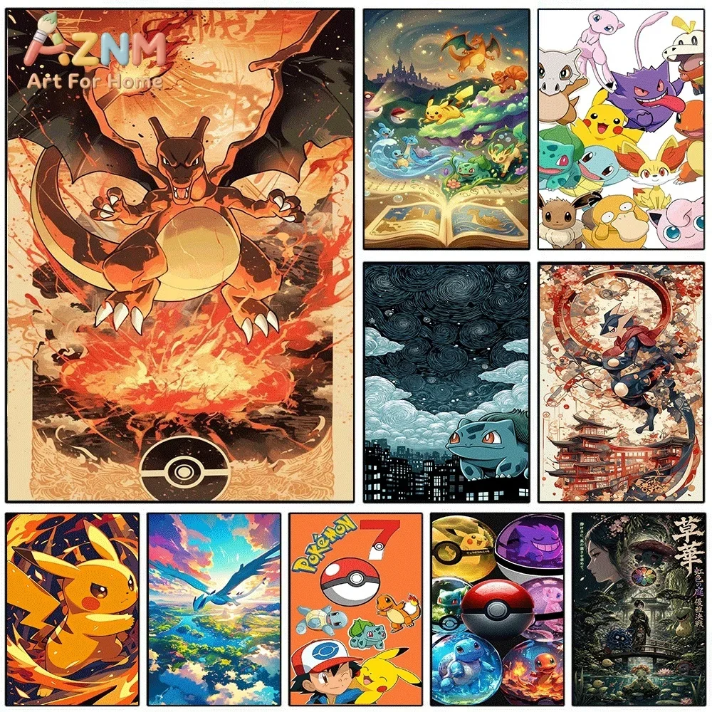 Anime Pokemon Charizard Fire Burst Vintage Canvas Wall Art, Popular Cartoon Dragon Creature Frameless Canvas Painting for Kids