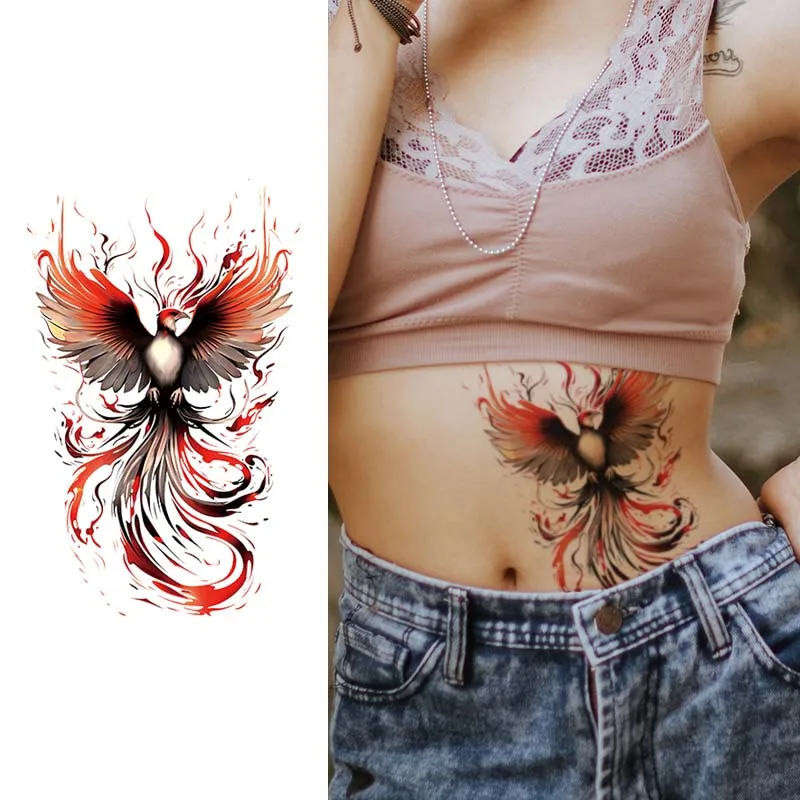 Fire Phoenix Waterproof Temporary Tattoo for Arm, Abdomen, and Back, Long-Lasting, Realistic Fake Tattoo for Men and Women