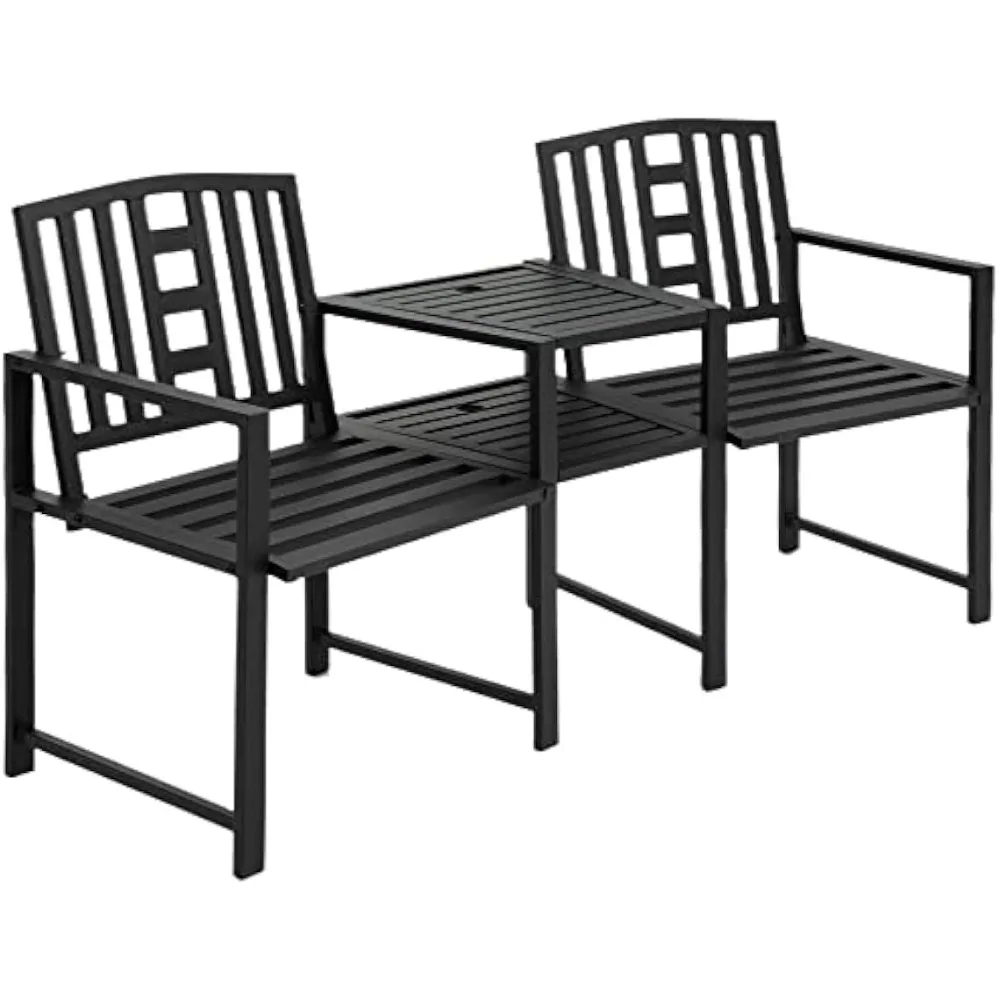 Outsunny Metal Garden Bench with Middle Table and Umbrella Hole, 2-in-1 Double Patio Chairs, Outdoor 2-Person Tete-a-Tete