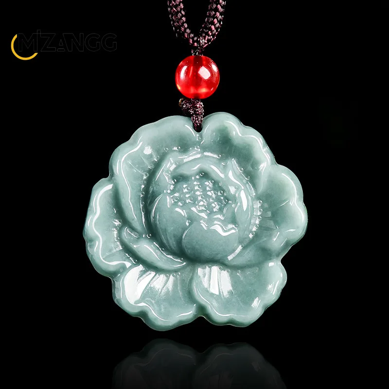 

Natural A-goods Jadeite Blue Water Peony Flower Pendant Hand-carved Simple Fashion Men and Women Jewelry Holiday Gift