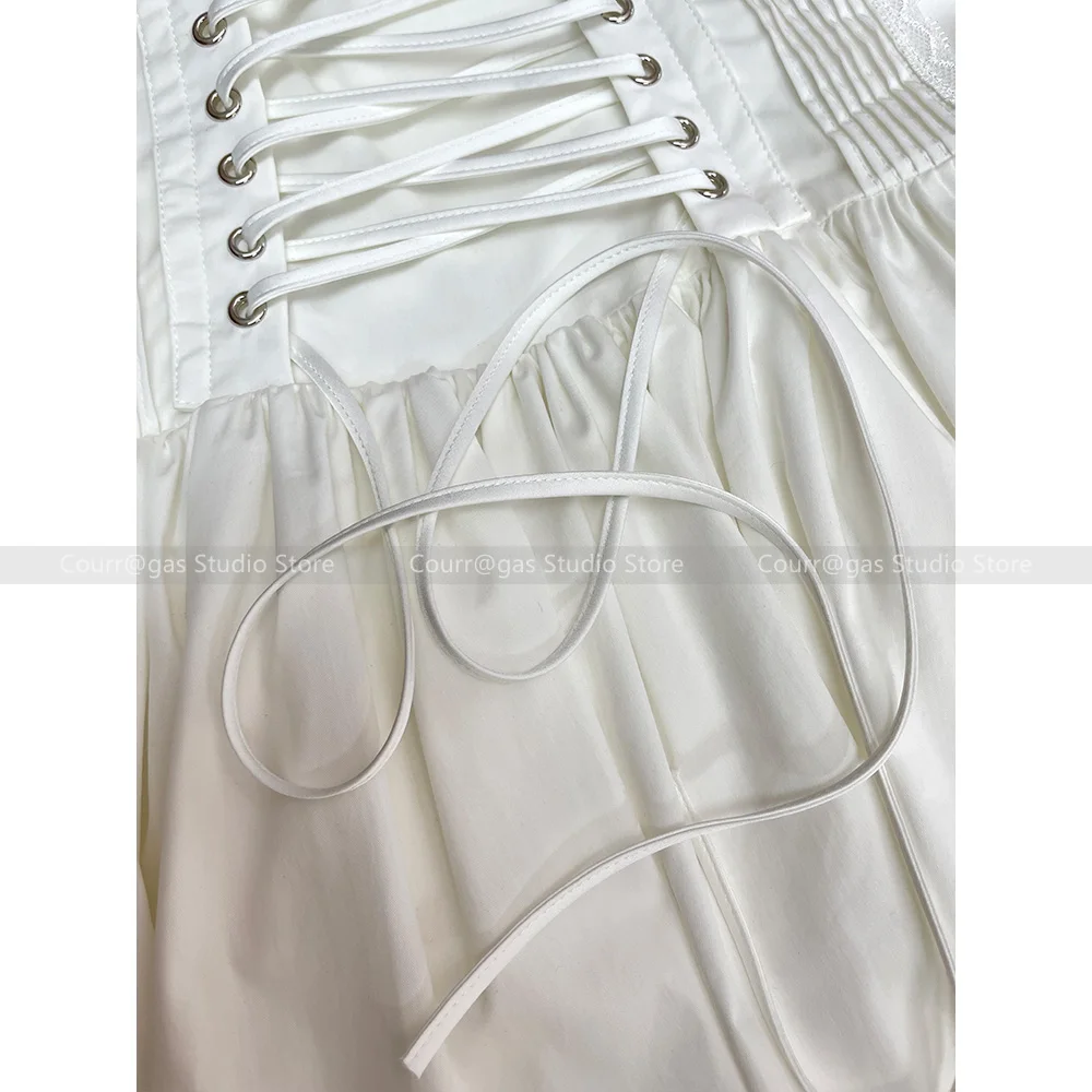 Princess style elegant and sweet white suspender waist large skirt tube top lace strap mini fishbone dress