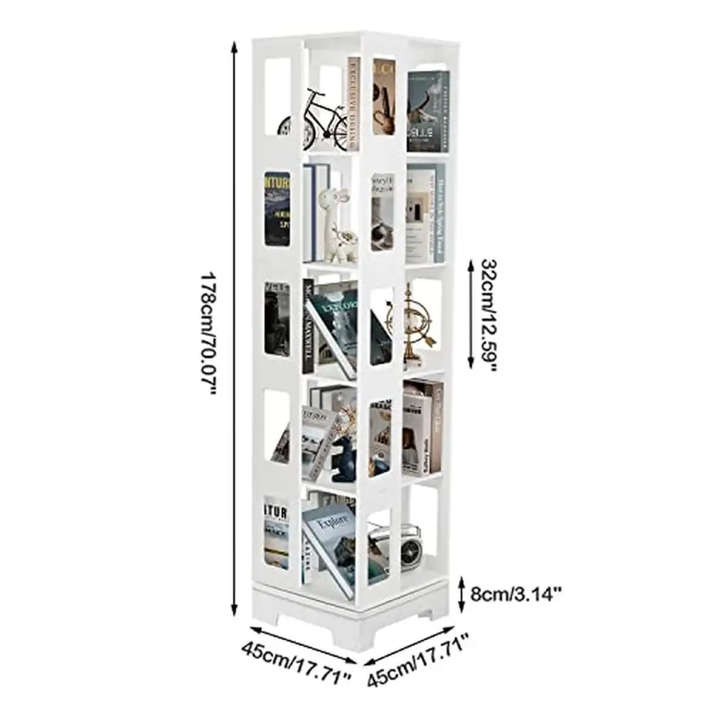 5 Tier Rotating Bookshelf PVC Foam Board Material Quiet 360° Rotation Stable Load Bearing Thickened Edge Sealing Multi-layer