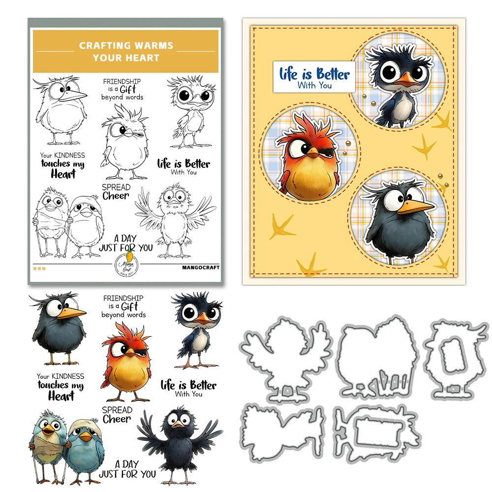Mangocraft Cute Cartoon Funny Birds Cutting Dies Clear Stamp DIY Scrapbooking Metal Dies Silicone Stamp For Cards Albums Decor