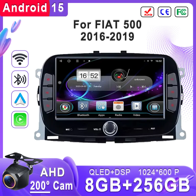 Android 15 Car 7 inch For FIAT 500 2016 2017 2018 2019 Radio Stereo Wireless Carplay Android Auto Touch screen GPS WIFI Dash Cam