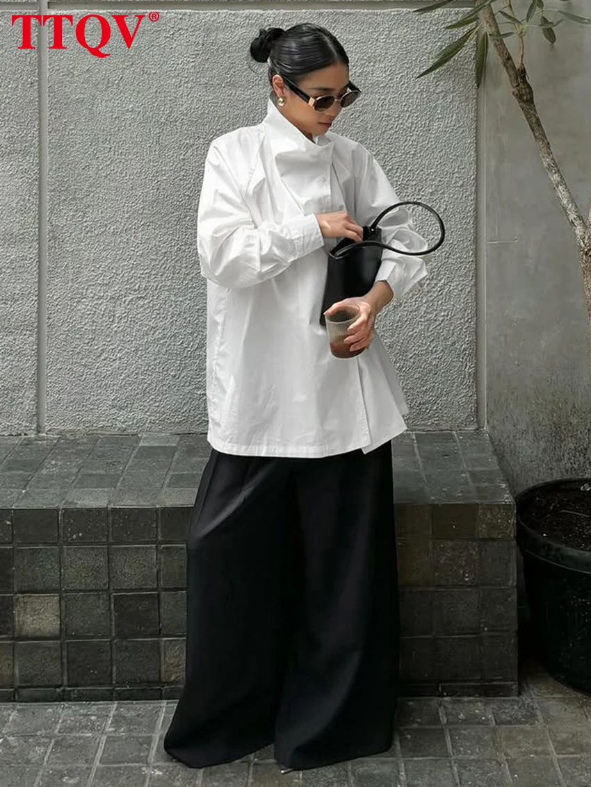 TTQV Blus Wanita Katun Putih Longgar Musim Semi 2026 Kemeja Lengan Panjang Turtleneck Fashion Pakaian Wanita Atasan Solid Klasik Elegan