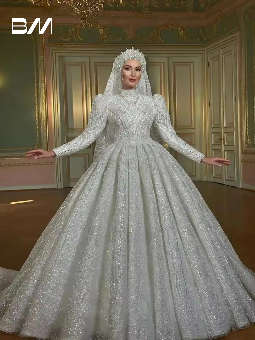 Luxury Arabic Wedding Dress for Women, Customized Beads Crystals Ballgown Bride Dresses, Full Sleeves, High Neck Bridal Gown