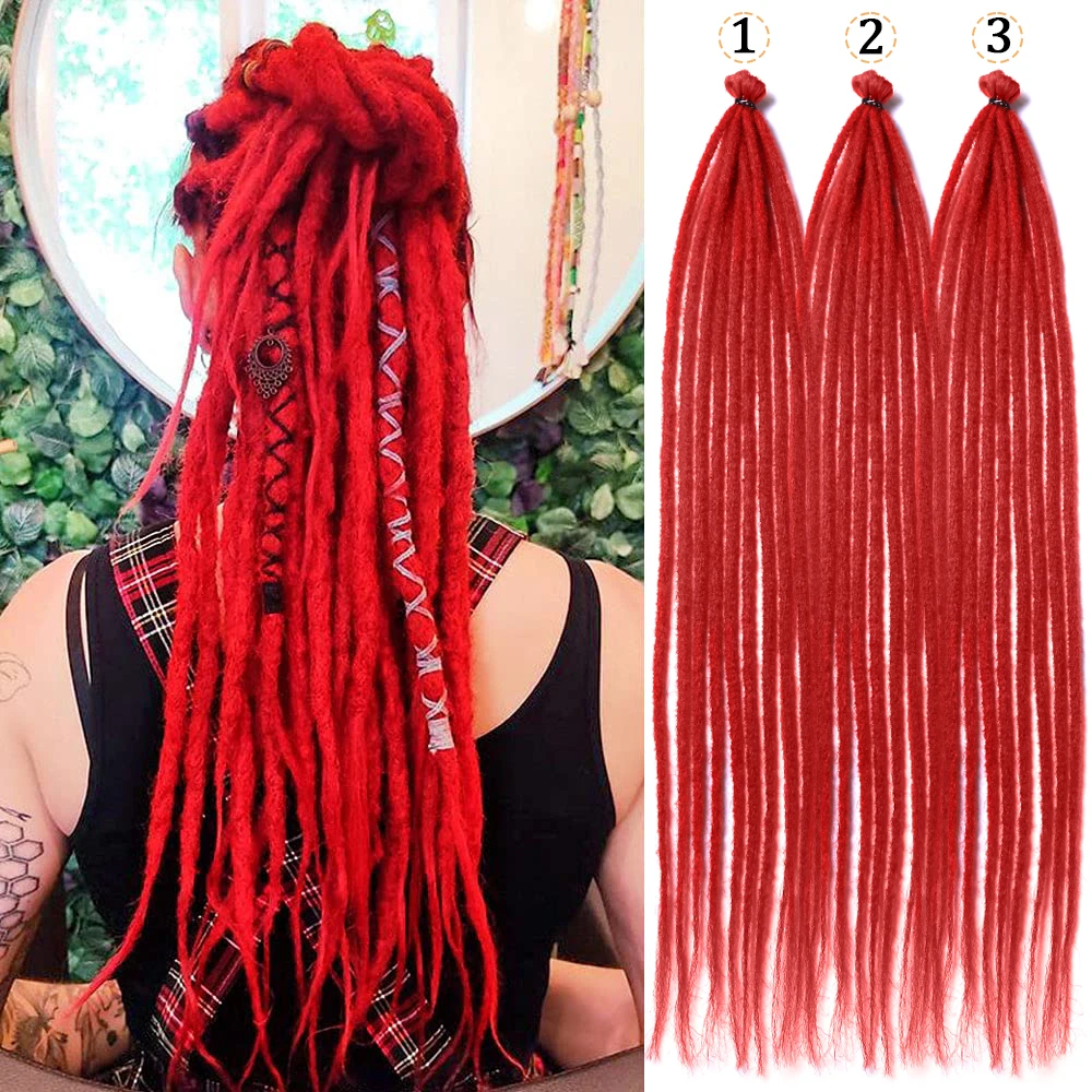 

26-дюймовые синтетические вязанные крючком красные дреды, 100% односторонние дреды ручной работы в стиле регги для девочек (10 прядей/шт., 3 шт.)