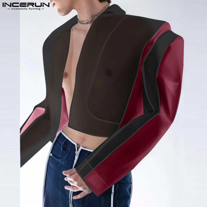 INCERUN Tops estilo americano moda hombres personalidad empalme contraste Color traje abrigo Casual ropa de calle chaqueta de manga larga para hombre