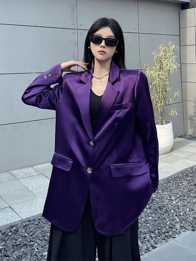 Fashion Acetate Satin Blazer Women's 2025 Summer Loose Casual Single breasted jacket Purple Spring Outerwear INKEO 5O044