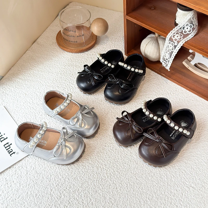 

Kids'Casual Shoes Vintage Pearl PU Leather Spring Shoes For Girls Anti-slip Hook and Loop Silver Black Shoes Size 21-30