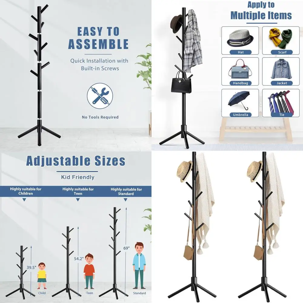 

8-Hook Wooden Coat Rack Stand, Adjustable Tree Design for Easy Assembly, Suitable for Coats, Hats, Scarves, Handbags in Entryway