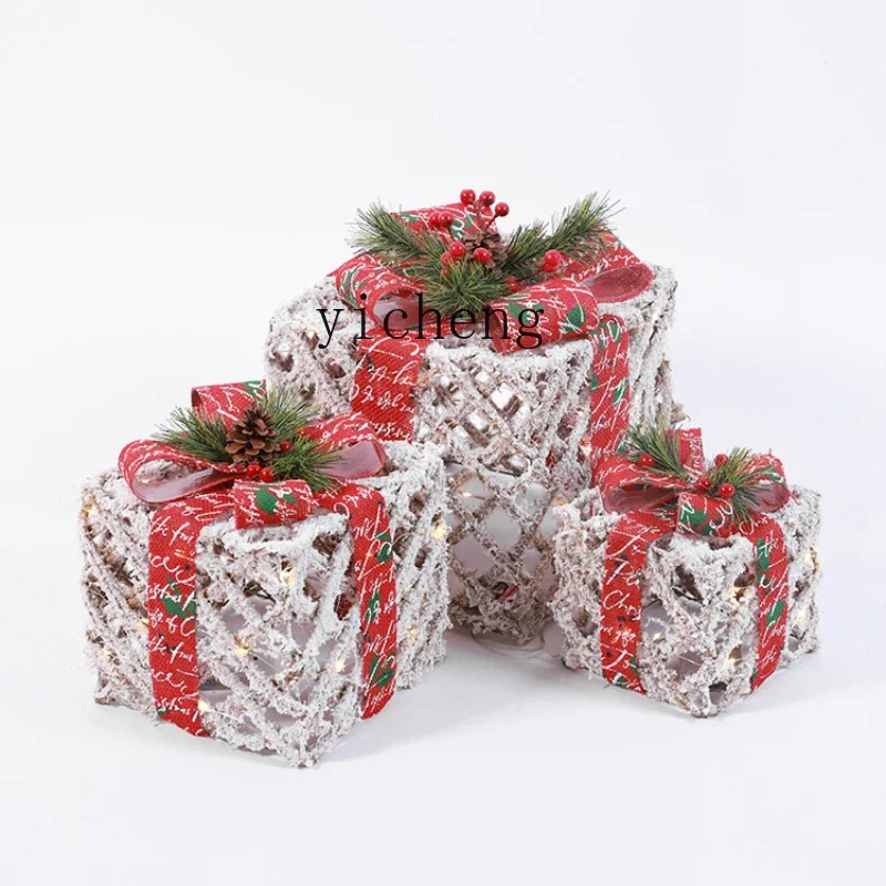 ZC Christmas Decoration Iron Three-Piece Gift Box Shopping Window Scene Layout Luminous Gift Box Pile Head