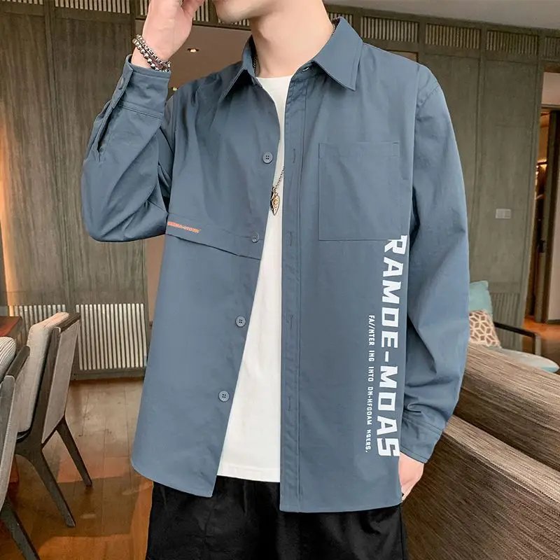 

Fashion Button Spliced Printed Letter Loose Shirts Men Clothing 2022 Autumn New Oversized Casual Tops Loose Korean Shirt