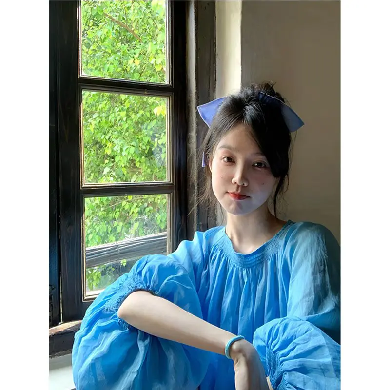 

Свободный синий топ с рукавами-фонариками для женщин, осенняя новинка, тонкий, с круглым вырезом, удобный, повседневный, однотонный