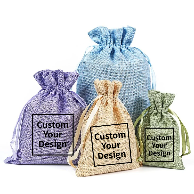 

10pcs Custom LOGO Colorful Linen Drawstring Pouch Personalized Candy Storage Bag Christmas Wedding Gift Packag Bag