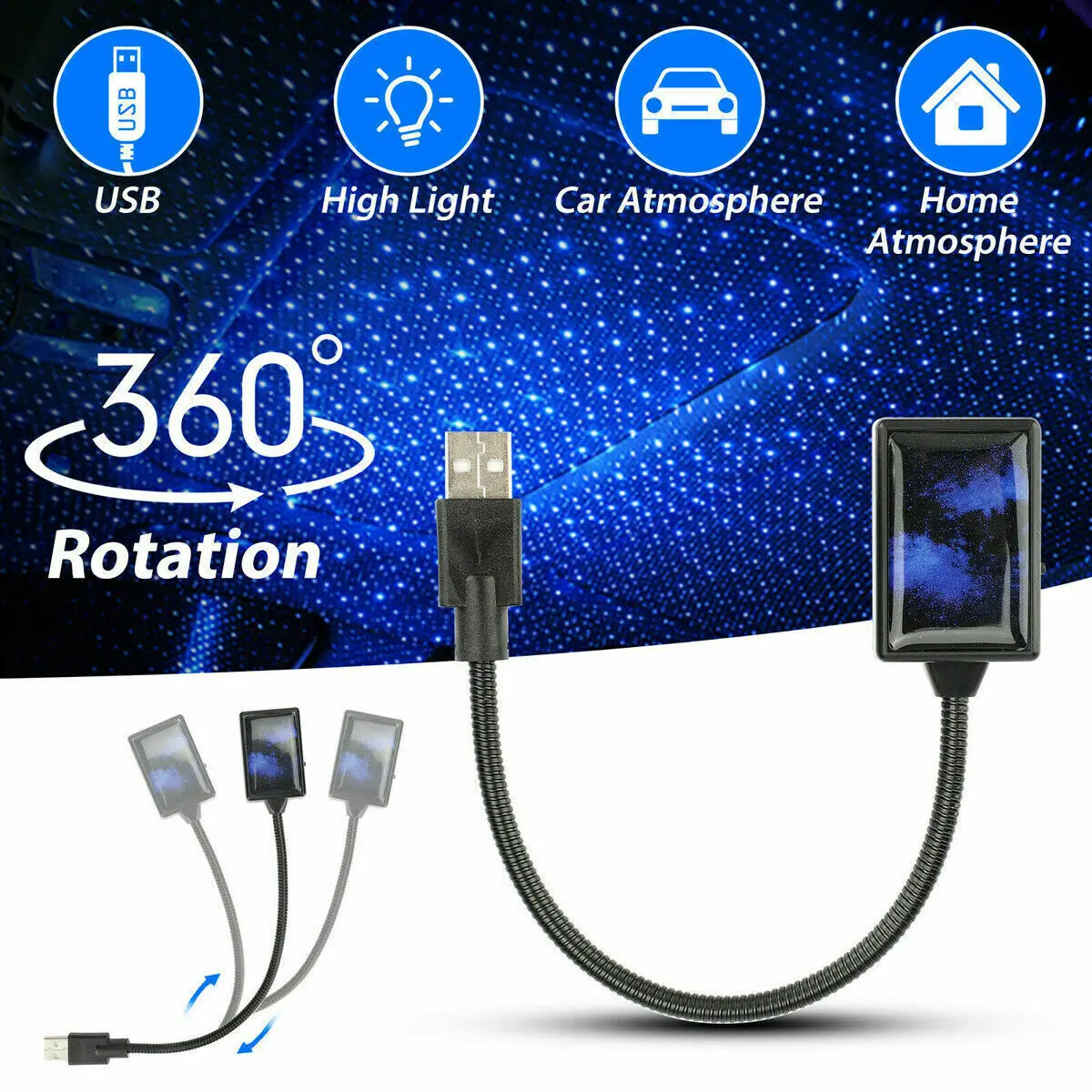 

1Pc USB Connect Car Roof Atmosphere Lamp USB LED Blue Night Lights Sky Starry Projector Light Decoration Ambient Lighting Bulb