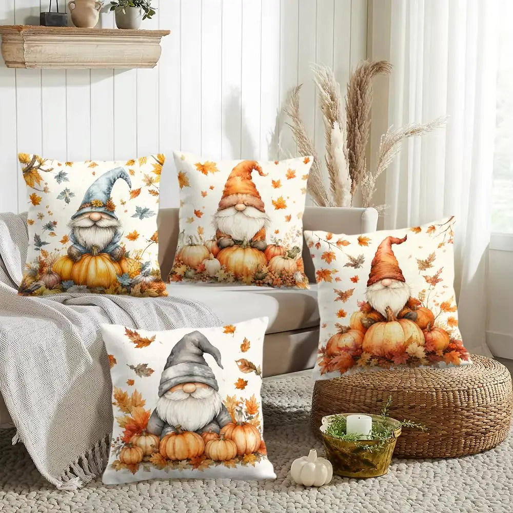 Autumn Pumpkin Gnomes Cushion Cover Silky Short Plush Invisible Zipper Dustproof Sofa Pillow Case for Home Decor