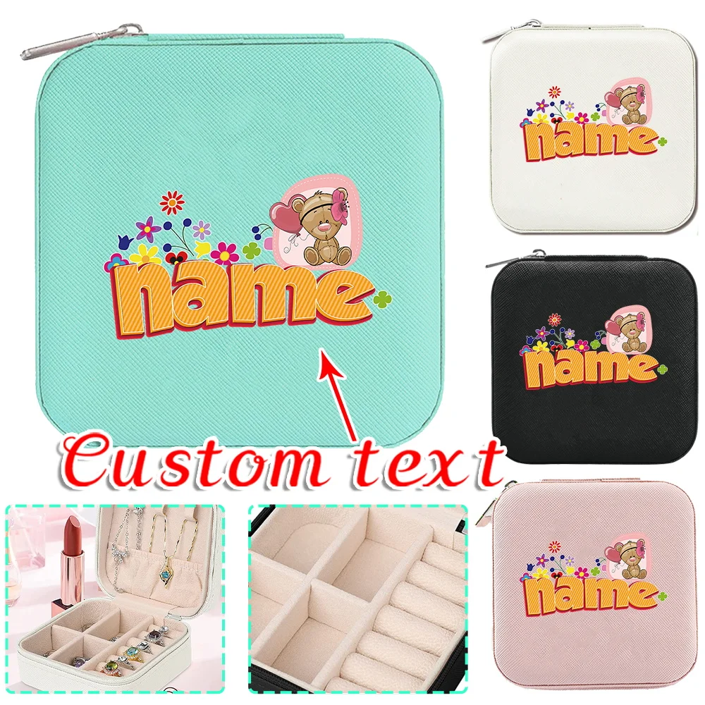 Customized Name Portable Jewelry Box Large Capacity Travel Necklace Earrings Storage Ring Soft Lining Zipper Box Cartoon Pattern