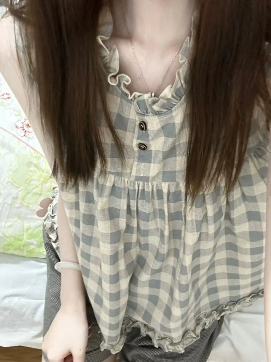 Sweet Sle ジェントルチェック柄スウェットベストトップ女性夏エレシック木製襟レイヤリングドール irt カジュアルルーズフィット
