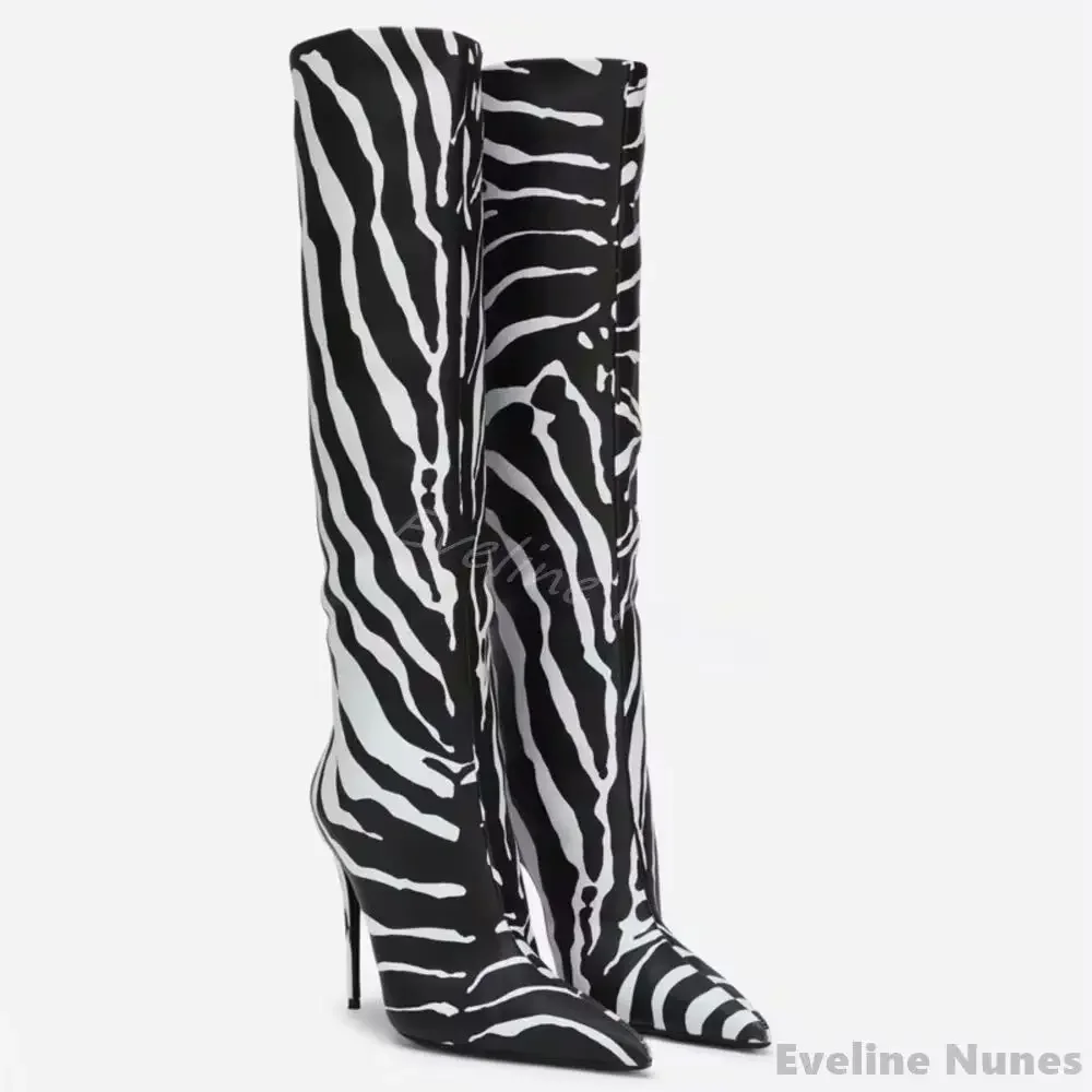 

Leopard Print Pointed Toe Knee High Boots Women Stiletto Heel Side Zipper Mixed Colors Boots 2025 New Fashion Sexy Long Boots