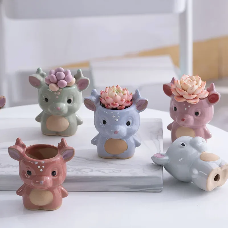 Cute cartoon deer ceramic flowerpot, home and office desktop decoration, juicy green plant miniature flowerpotS, holiday gift