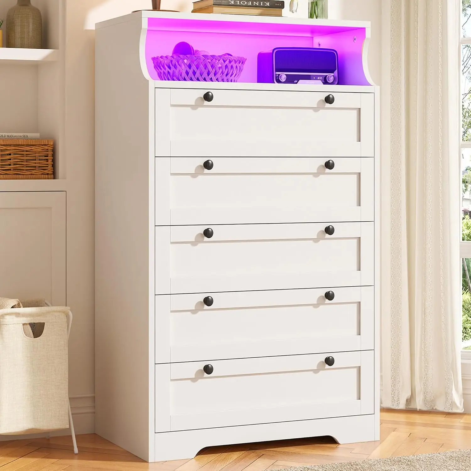 

White Dresser with LED Light, Bedroom Tall Dresser, 5 Drawers and 1 Shelf, 31.3"W X 48.5"H X 15.7"D