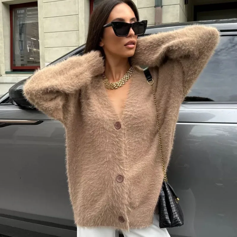 

Tuularose Women's Fashion Cardigan Fashion Plush Patchwork Casual Loose V-Neck Sweater Commuting Chic Streetwear Female Jumpers