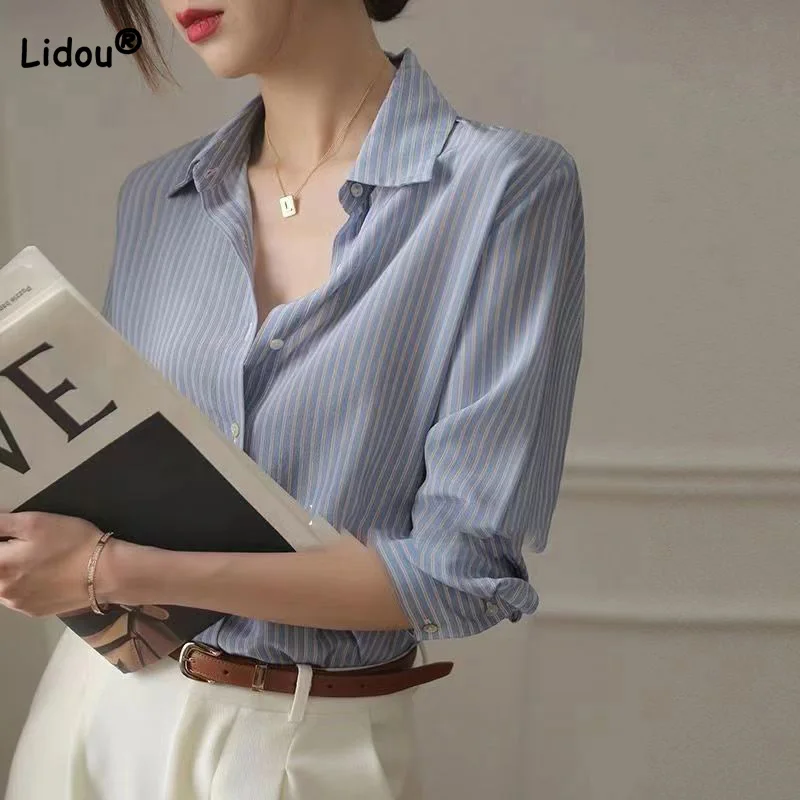 

Office Lady Blue Single Breasted Shirt Simplicity Spring Autumn Women's Clothing Turn-down Collar Striped Print Chiffon Blouse