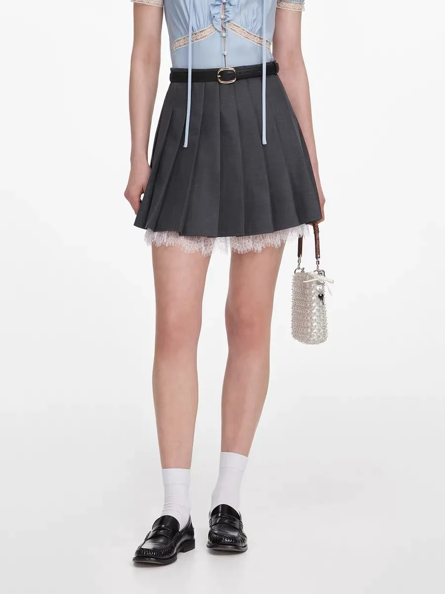 New Women's Grey Mini Skirt Lace Patchwork Pleated Skirt with Waist Belt
