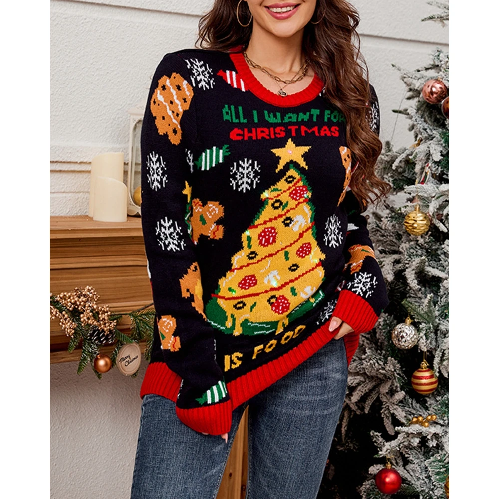 

Christmas Sweater Winter Women Top Round Neck Snowflake Christmas Tree Pattern Knitted Top Long Sleeve Sweater Top