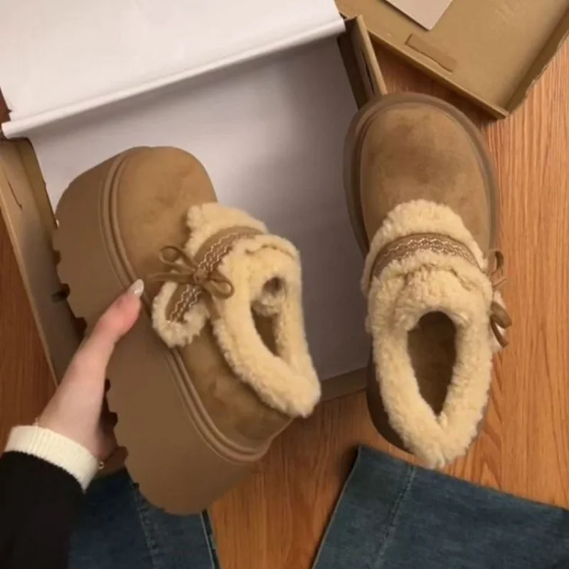 

Thick-Soled Height-Increasing Fleece-Lined Warm Furry Single Shoes for Women, New Sweet Bow Design Shoes for Autumn and Winter