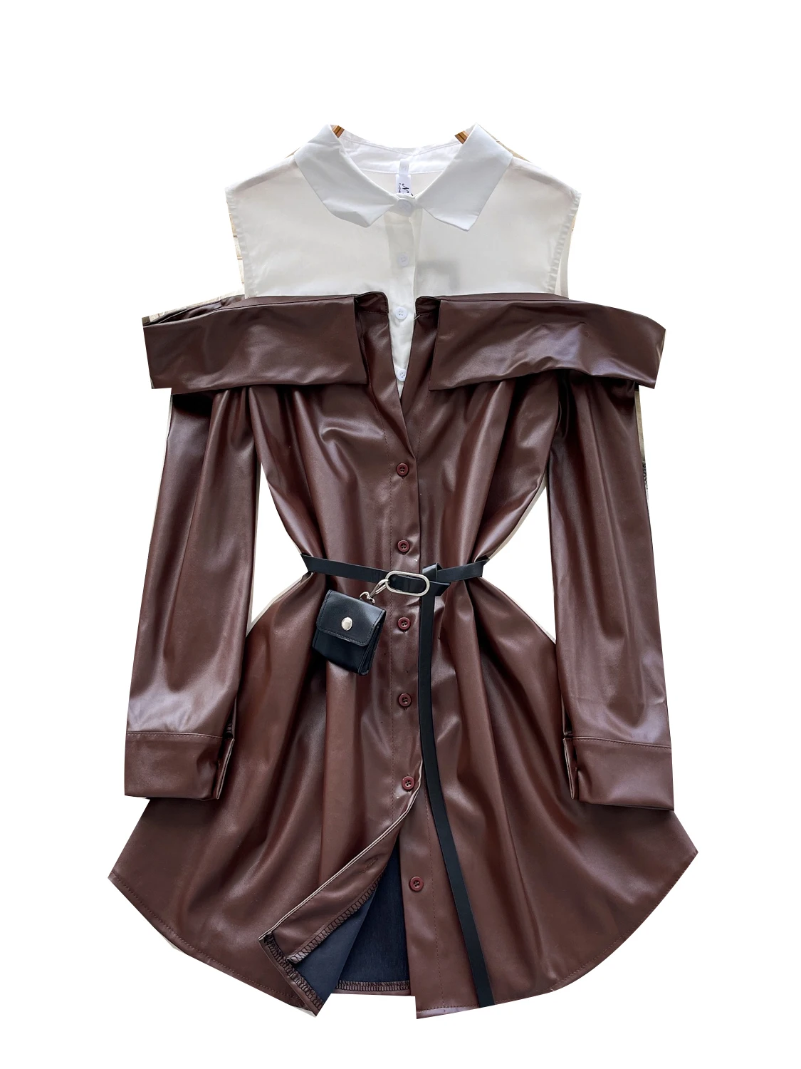 Długa spódnica damska z PU skóry, z wysokim stanem, w kształcie litery A, elegancka, do pracy, w stylu koreańskim, z paskiem, kopertowa.