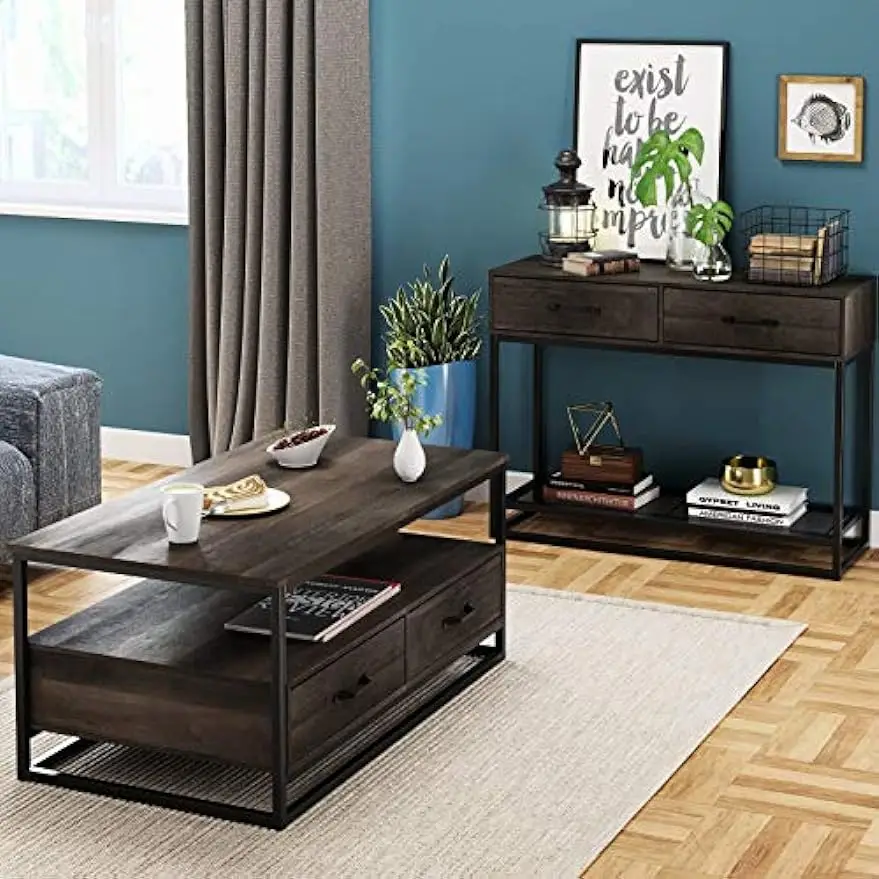 Farmhouse Coffee Table with Open Storage Shelves and 2 Drawers, Center Table Cocktail Table with Metal Frame for Living Room