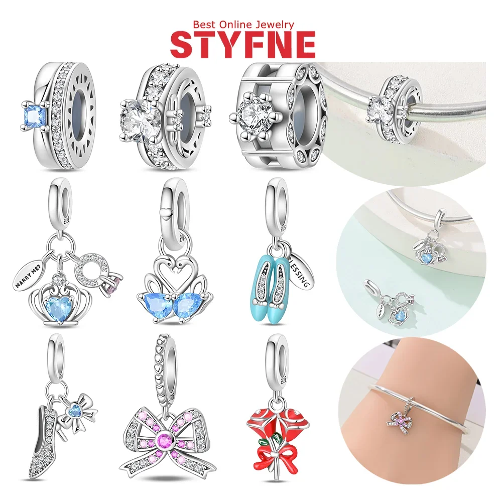 

Charms 925 Silver Zircon Bead Crown Swan Bow Crystal Shoes Pendant Fit Diy Bracelet Necklace Girl Party Jewelry Anniversary Gift
