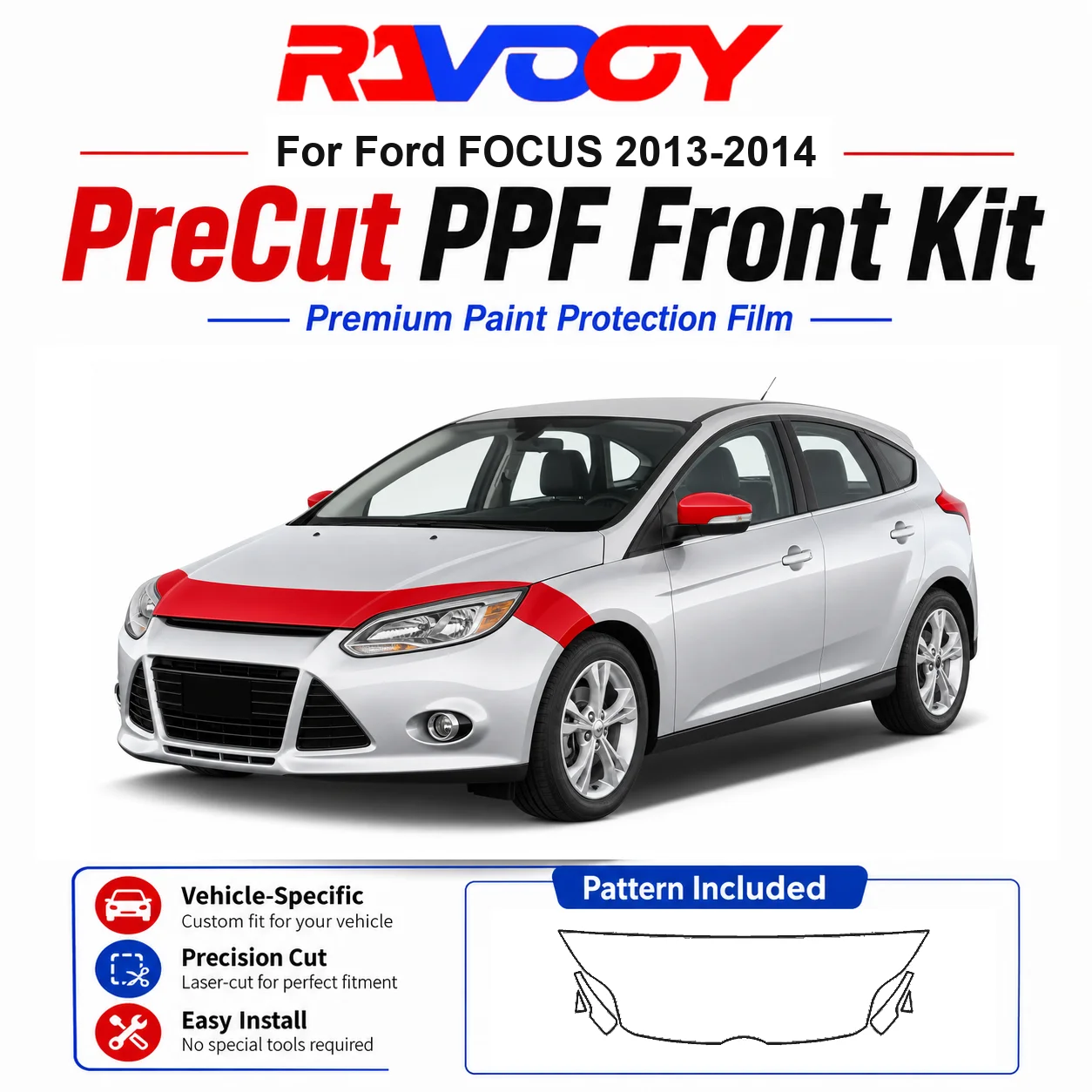 

8.5mil TPU Precut PPF Kit For Ford FOCUS 2013-2014 - Hood, Partial Fenders & Full Mirror Set - Self-Healing Gloss Clear Bra Film