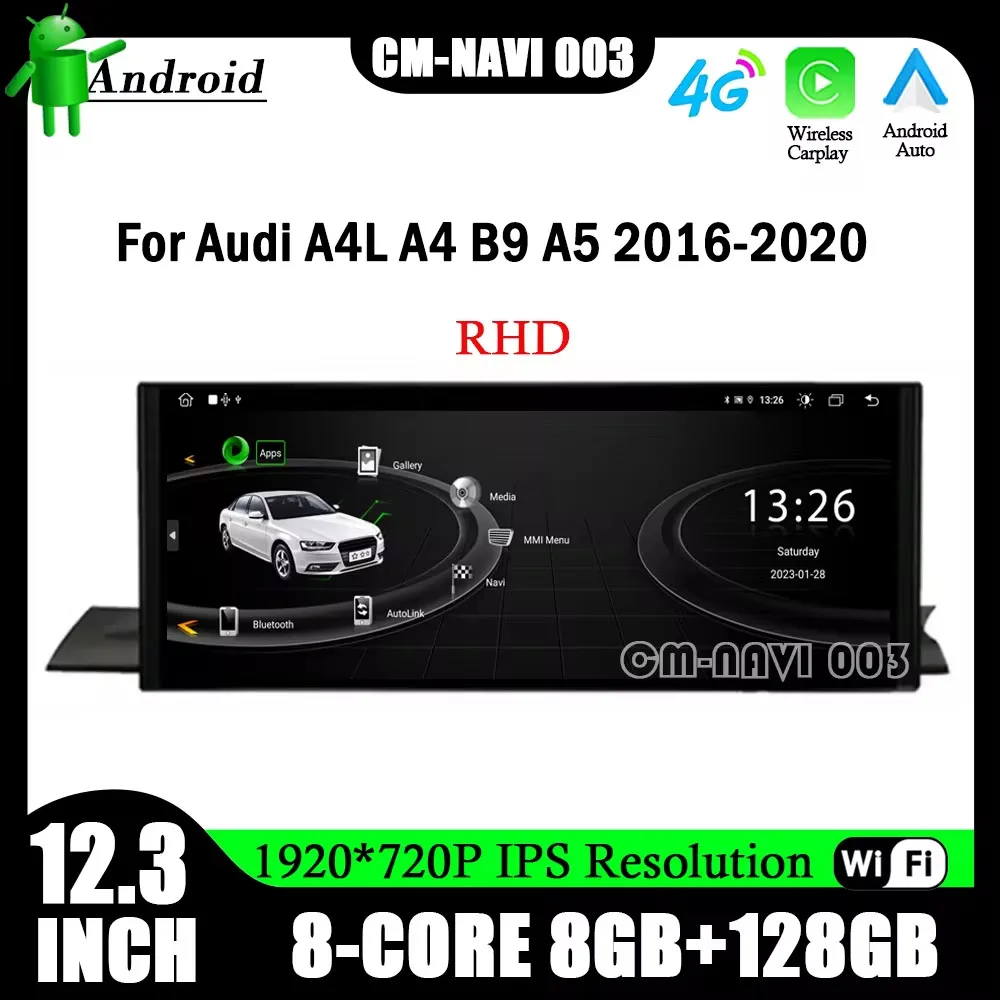 

12.3" Android 13 Car Radio Multimedia Player For Audi A4L A4 B9 A5 2016-2020 RHD GPS Wireless Carplay Auto 4G Wifi BT 1920*720P