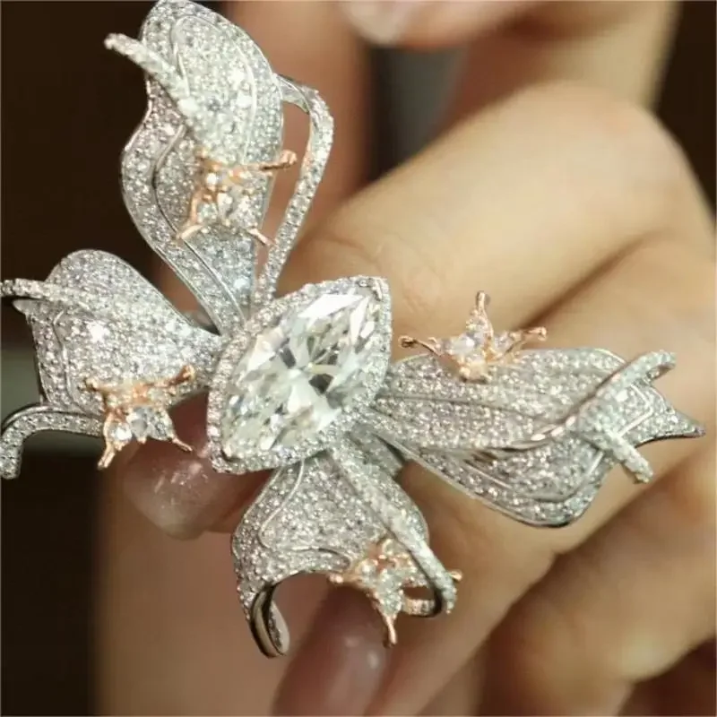 RUIF 2024 New S925 Silver Beautiful 36×49mm  Butterfly Center Synthtic Rings for Women 5A CZ